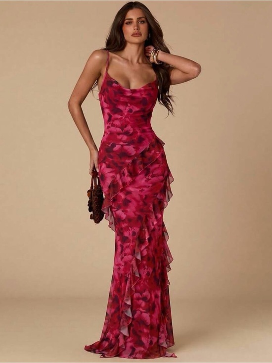 Dresses & Skirts - Fuchsia Pink Floral Ruffle Slip Maxi Dress - 8/10